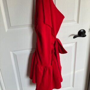 Asymmetrical Red Dress with Bow on Shoulder + Corresponding Hip